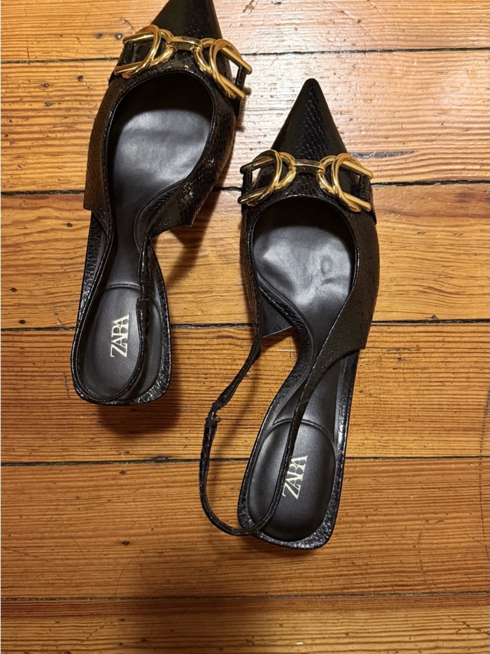 Zara Black Pointed Slingback Kitten Heels  with Gold Buckle